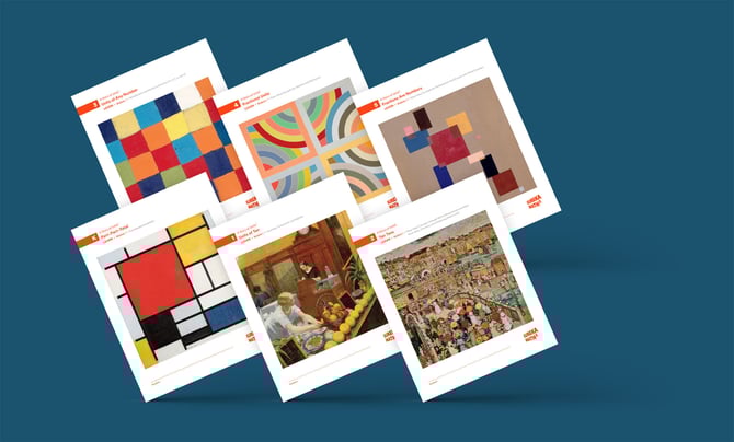 Six math textbook covers, each cover features a work of fine art.