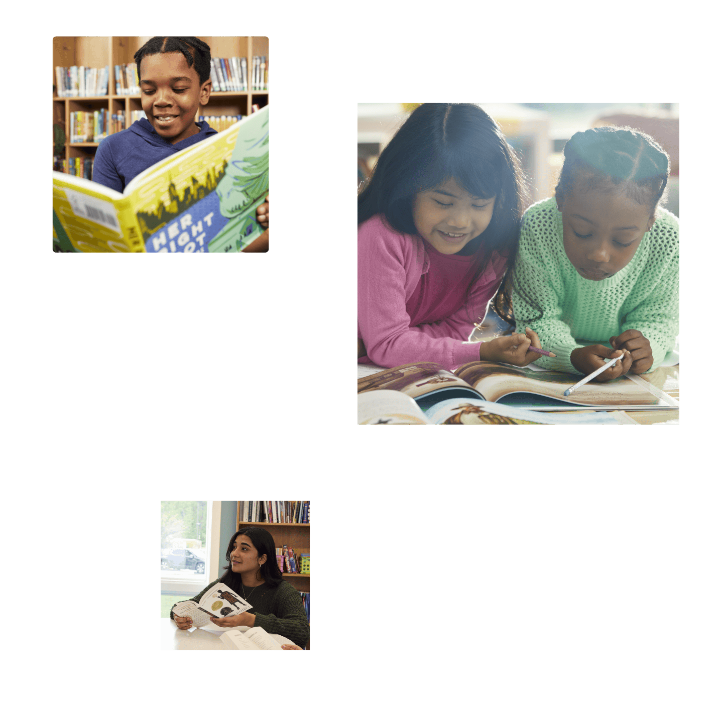 Three frames of images of students collaborating and reading together.