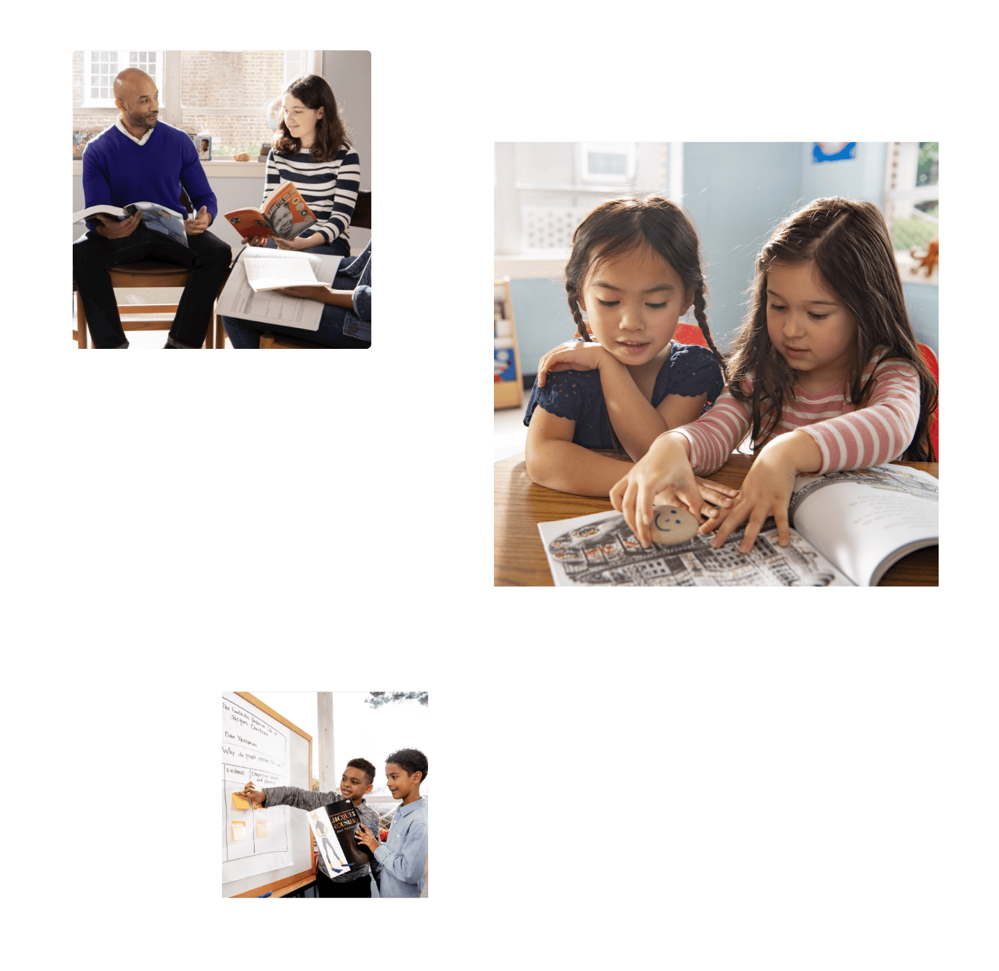 Three frames of images filled with students and teachers interacting in the classroom.